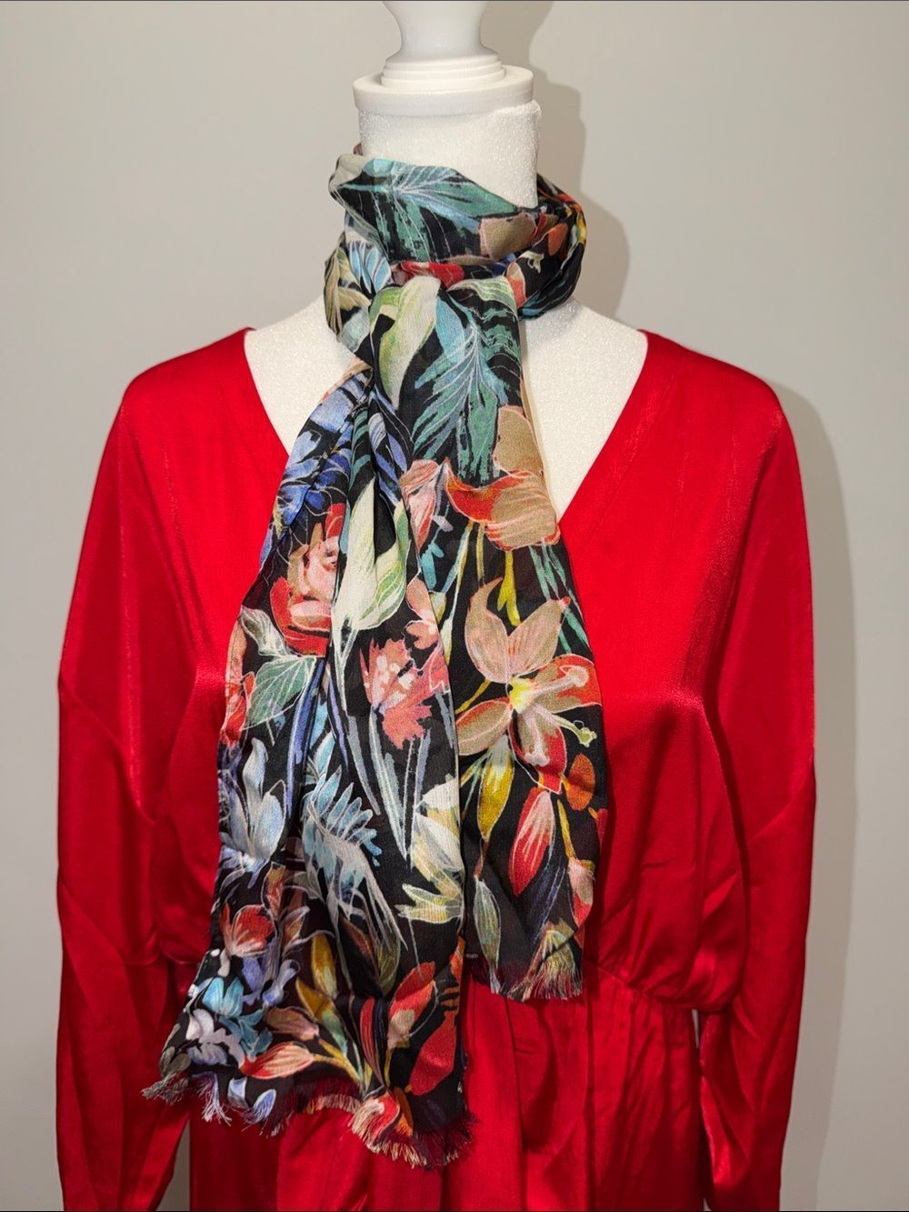 Echo Authentic Vintage Black Vibrant Floral Sheer Fringe Oblong Sheer Silk Scarf
